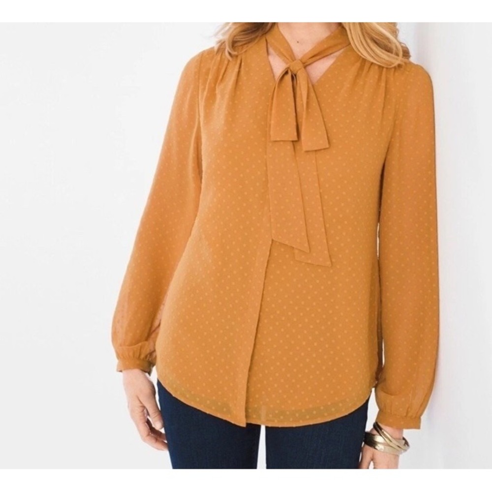 Chico's Women's Swiss Dot Longsleeve Tie Neck Blouse In Mustard 2 ( 12 Large)